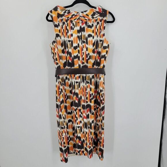 Vintage 90s Sleeveless Boatneck Sheath Dress 10 Orange Brown Abstract Mod USA - Picture 7 of 13